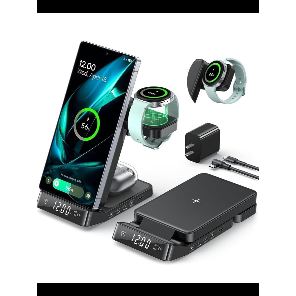 Source Unknown 3-in-1 Black Wireless Charging Stand with LED Alarm Clock